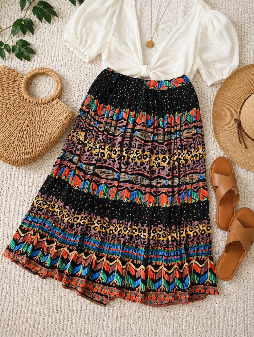 Vintage Boho Tiered Skirt Colorful Tribal Print Elastic Waist Festival Summer